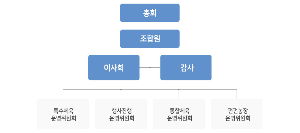 조직도: 총회, 조합원, 이사, 감사, 특수체육 운영위원회, 행사진행 운영위원회, 통합체육 운영위원회, 펀펀농장 운영위원회
